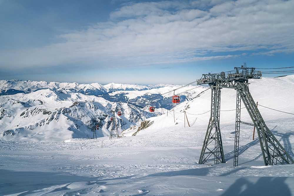 Red ski lifts at La Plagne ski resort, Tarentaise, Savoy, French Alps, France, Europe