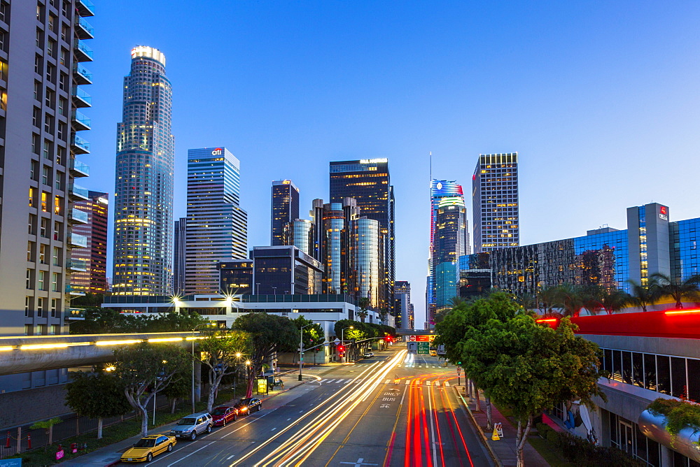 Downtown financial district of Los Angeles city at night, Los Angeles, California, United States of America, North America