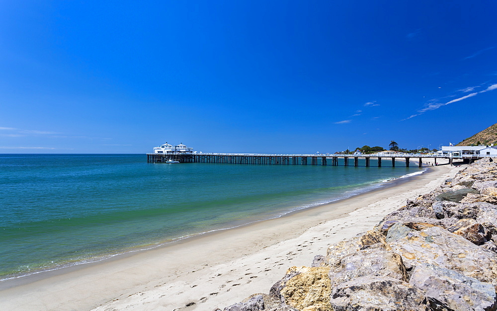 View of Malibu Beach and Malibu Pier, Malibu, California, United States of America, North America