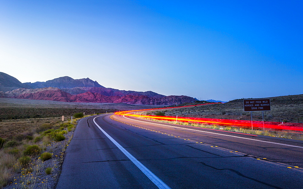 View of trail lights in Red Rock Canyon National Recreation Area, Las Vegas, Nevada, United States of America, North America