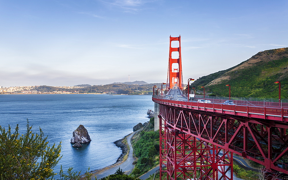 View of Golden Gate Bridge from Golden Gate Bridge Vista Point at sunset, San Francisco, California, United States of America, North America