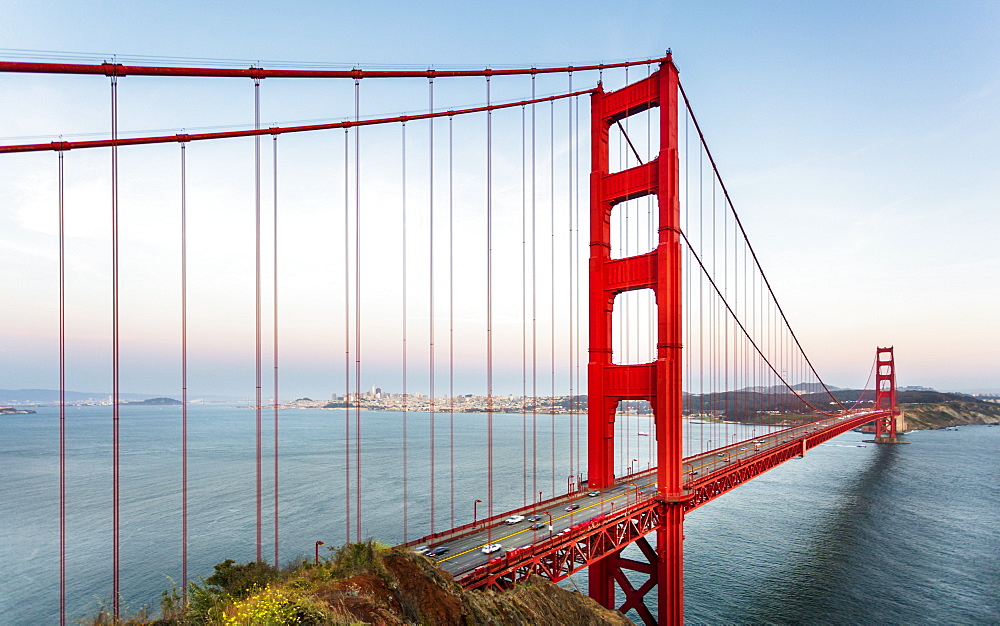 View of Golden Gate Bridge from Golden Gate Bridge Vista Point at sunset, San Francisco, California, United States of America, North America