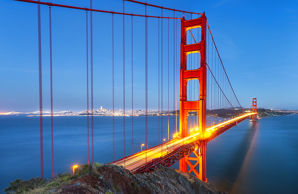 View of Golden Gate Bridge from Golden Gate Bridge Vista Point at dusk, San Francisco, California, United States of America, North America