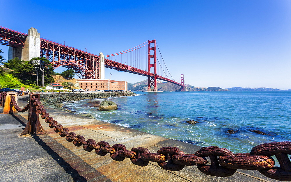 View of Golden Gate Bridge and Fort Point from Marine Drive, San Francisco, California, United States of America, North America