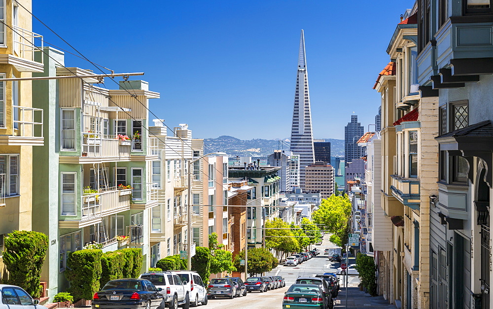 Street view of Transamerica Pyramid and Oakland Bay Bridge, San Francisco, California, United States of America, North America