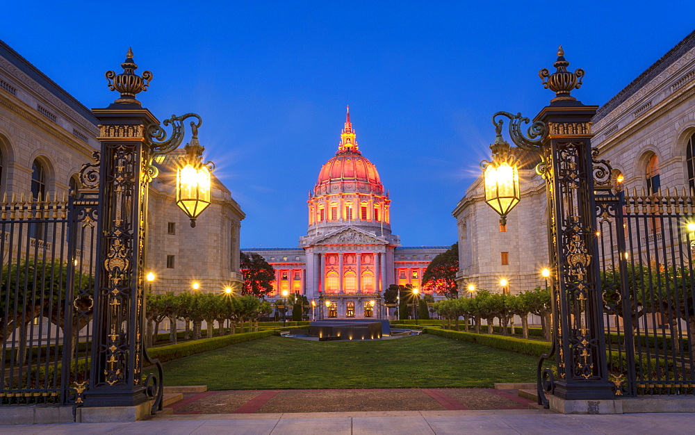 View of San Francisco City Hall illuminated at dusk, San Francisco, California, United States of America, North America