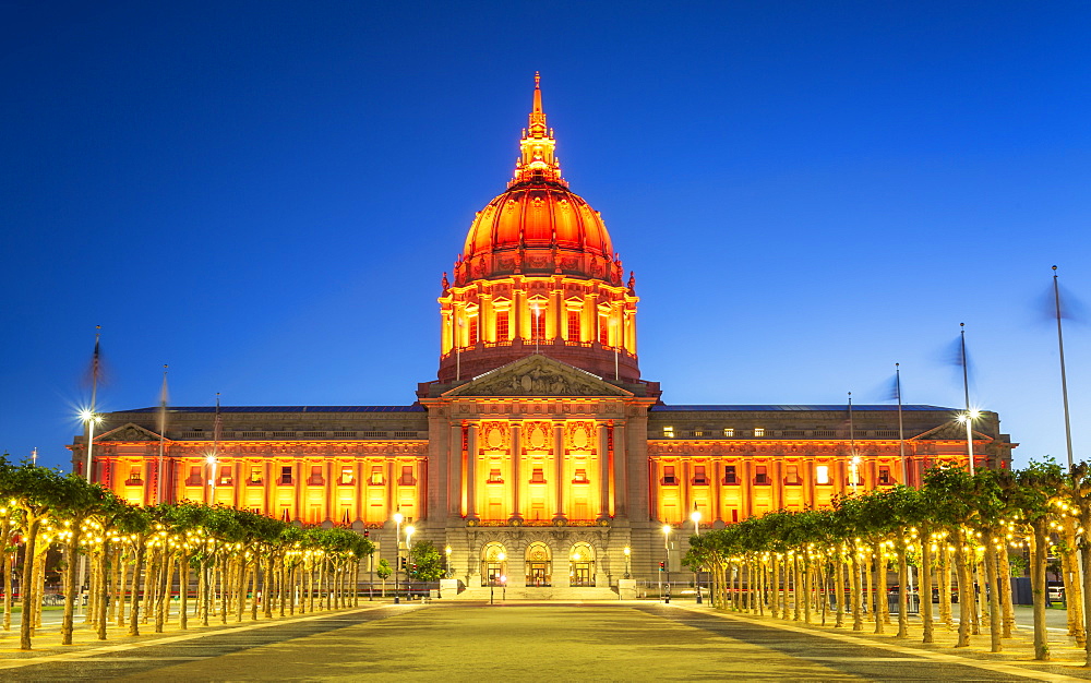 View of San Francisco City Hall illuminated at night, San Francisco, California, United States of America, North America