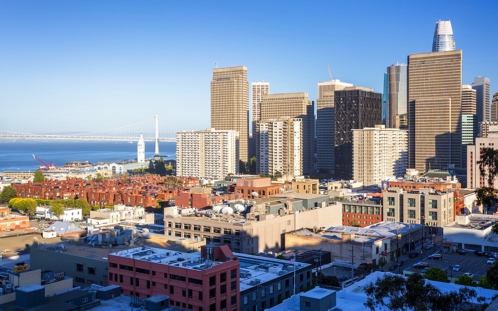 Oakland Bay Bridge and the financial district of downtown San Francisco, California, United States of America, North America