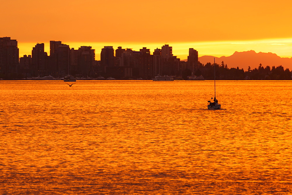 View of Vancouver skyline from North Vancouver at sunset, British Columbia, Canada, North America