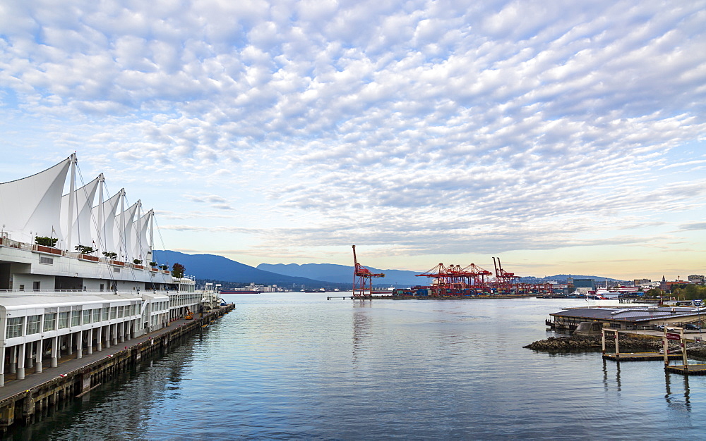 View of North Vancouver, Waterfront and Harbour from Canada Place at dusk, Vancouver, British Columbia, Canada, North America