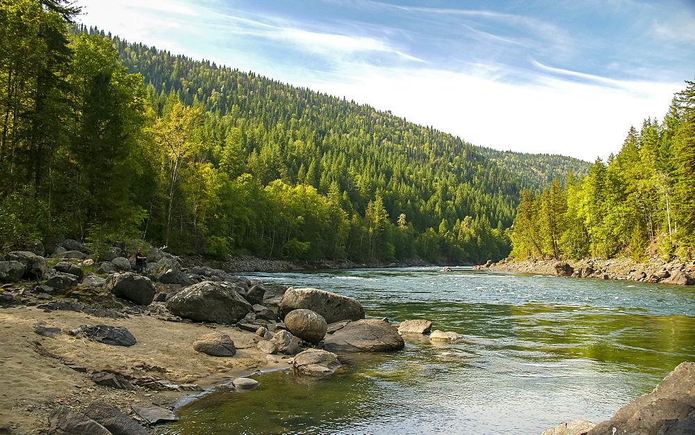 View of Clearwater River and meadows near Clearwater, British Columbia, Canada, North America