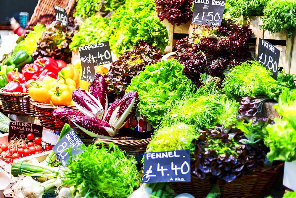 Fruit and vegetables on stall in Borough Market, Southwark, London, England, United Kingdom, Europe