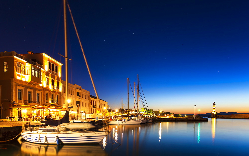 The Venetian Harbour at night, Chania, Crete, Greek Islands, Greece, Europe