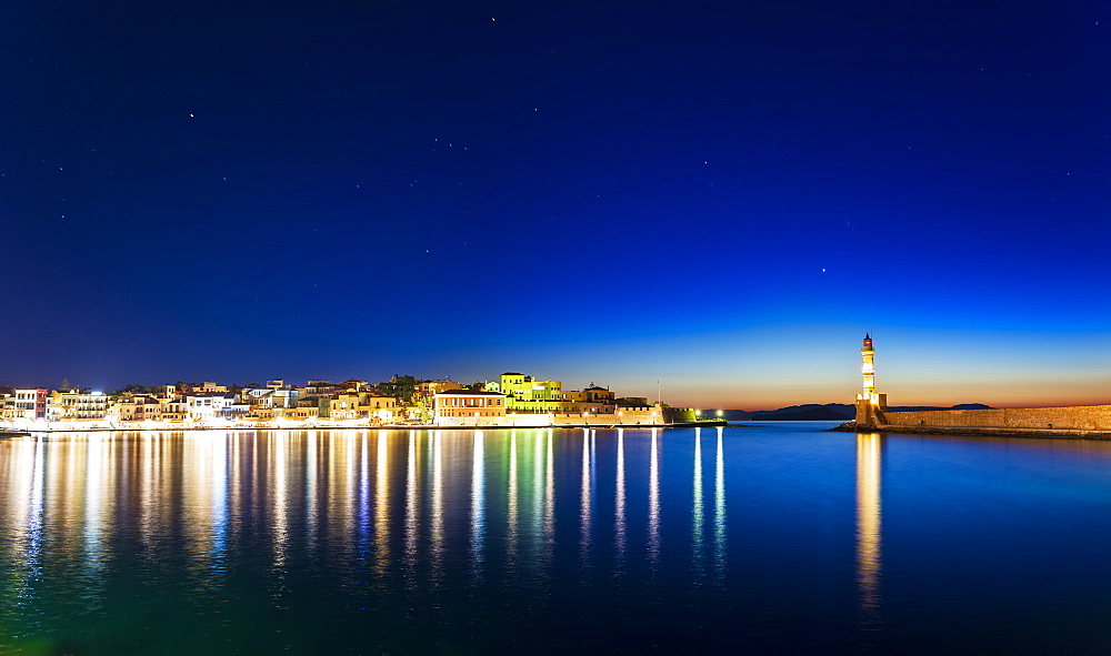 Panoramic view of The Venetian Harbour at night, Chania, Crete, Greek Islands, Greece, Europe