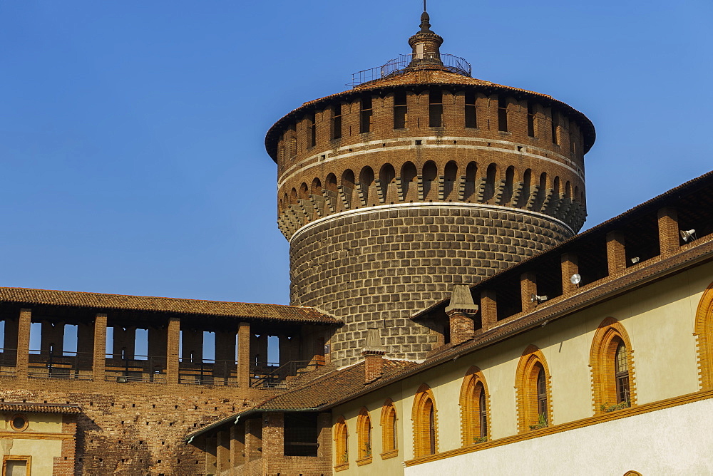 Sforza Castle medieval tower, 15th century Castello Sforzesco fortified round tower, Milan, Lombardy, Italy, Europe