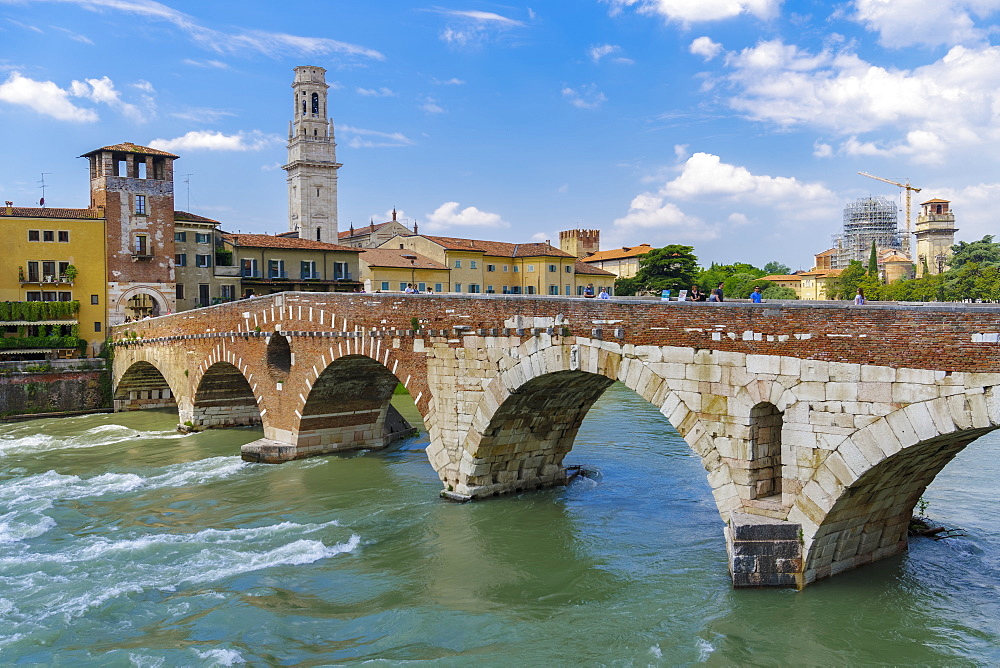 Ponte Pietra, the stone Roman arch bridge crossing River Adige, Verona, Veneto, Italy, Europe