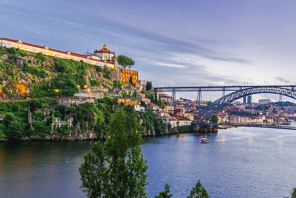 View of Monastery of Saint Augustine of Serra do Pilar and Dom Luis Bridge over the Douro River in the evening, Porto, Portugal, Europe