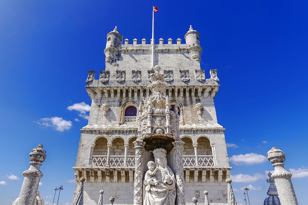 Fortified floors and terrace view of the Torre de Belem (Belem Tower), medieval defensive tower on the bank of Tagus River, UNESCO World Heritage Site, Belem, Lisbon, Portugal, Europe