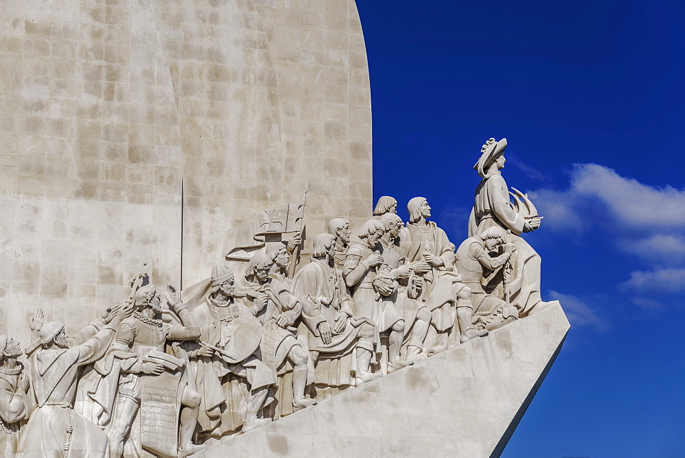 Limestone caravel shaped Padrao dos Descobrimentos (Monument to the Discoveries), Belem waterfront, Lisbon, Portugal, Europe