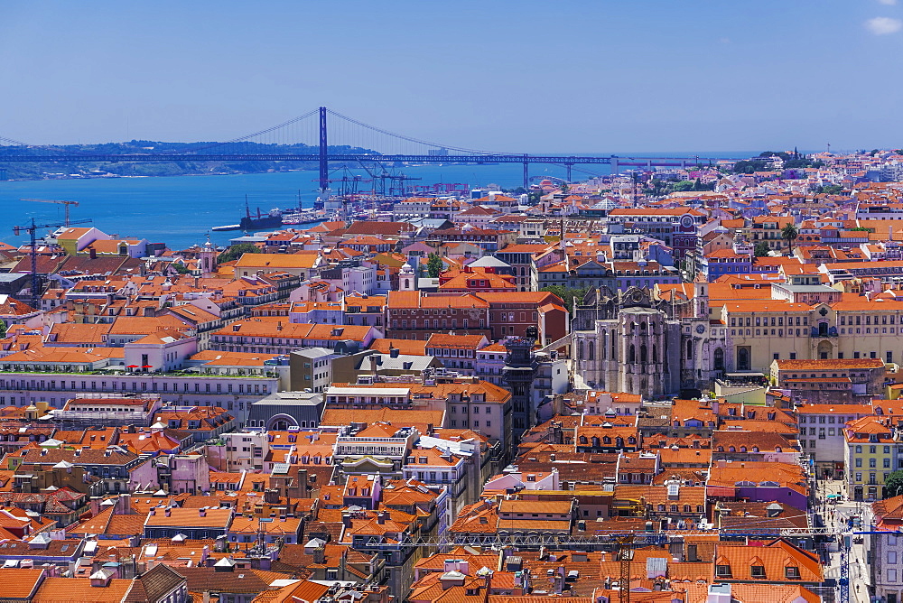 Panoramic capital view of Carmo Convent, Santa Justa Lift and Ponte 25 de Abril bridge, Lisbon, Portugal, Europe