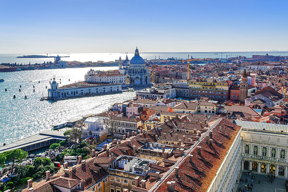 Dorsoduro with Punta della Dogana and Santa Maria della Salute at the Venetian lagoon, seen form St. Marks Campanile, Venice, UNESCO World Heritage Site, Veneto, Italy, Europe