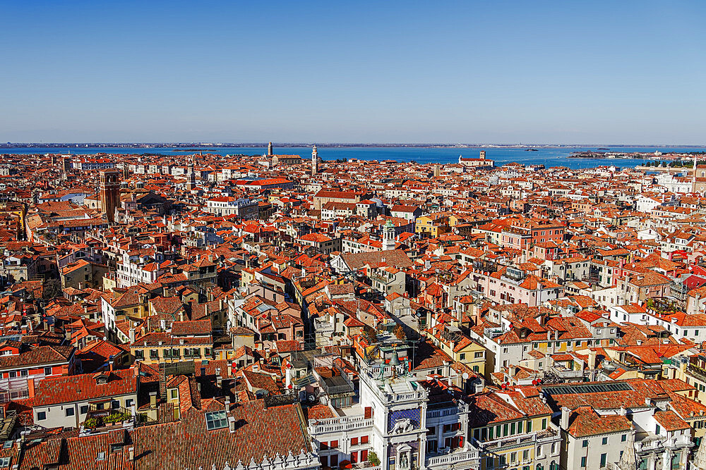 Rooftops panoramic north view with low rise buildings with red tiles, seen from St. Marks Campanile, Venice, UNESCO World Heritage Site, Veneto, Italy, Europe