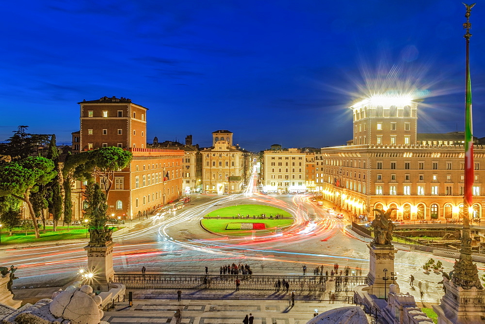 Piazza Venezia (Venice Square) with traffic at blue hour elevated view from Altare della Patria (Altar of the Fatherland), Rome, Lazio, Italy, Europe