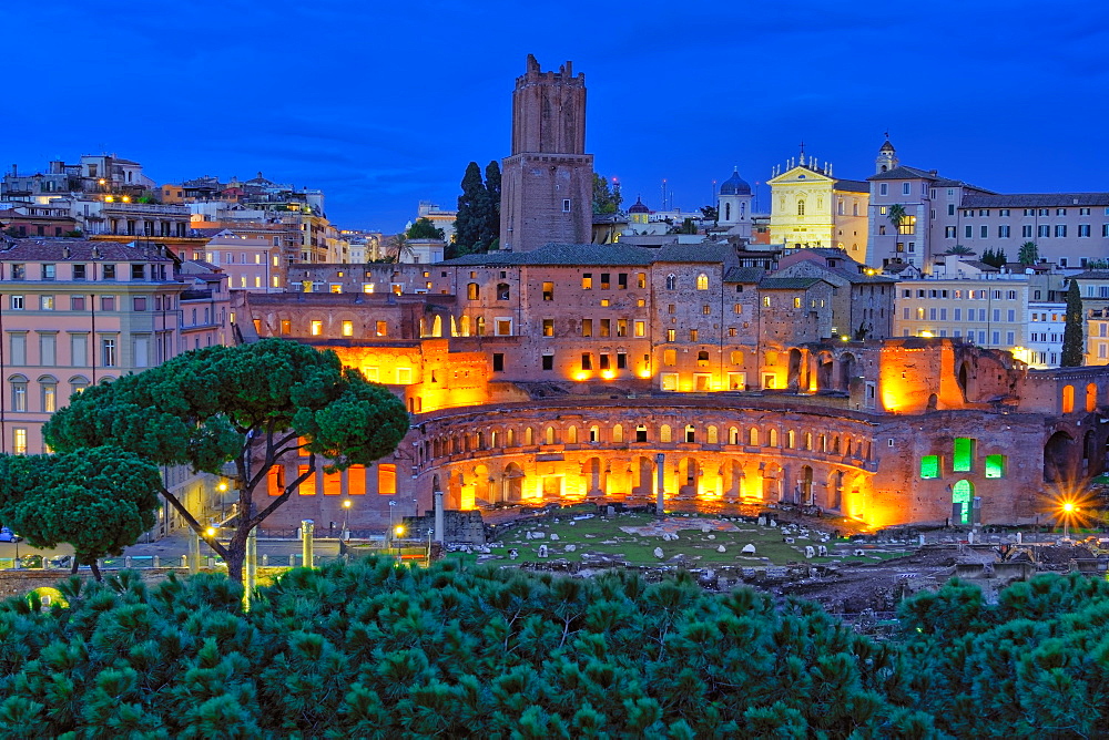 Trajans Market (Mercati di Traiano), restored Roman forum complex, UNESCO World Heritage Site, at blue hour elevated view, Rome, Lazio, Italy, Europe