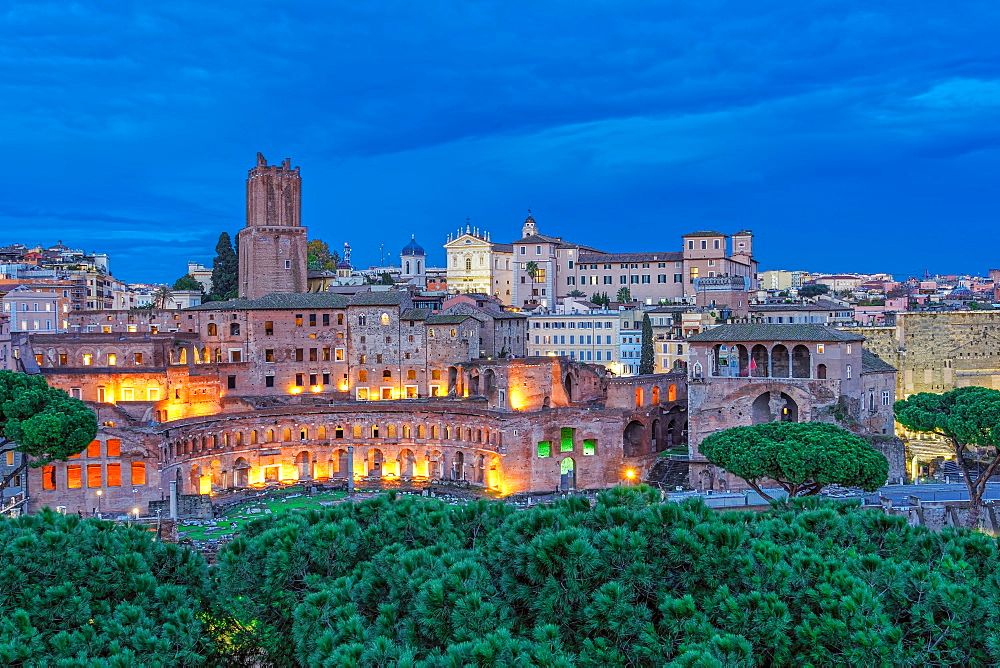 Trajans Market (Mercati di Traiano) and Casa dei Cavalieri di Rodi (House of the Knights of Rhodes) at blue hour, UNESCO World Heritage Site, elevated view, Rome, Lazio, Italy, Europe