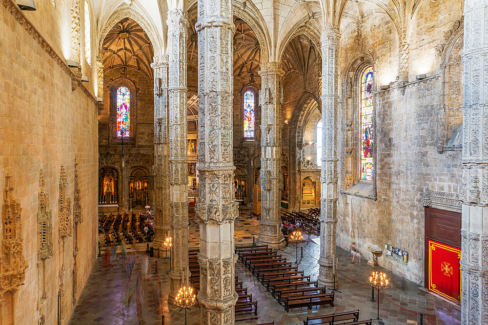 Interior of Jeronimos Monastery (Hieronymites Monastery), Church of Santa Maria del Belem, with pillars, UNESCO World Heritage Site, Lisbon, Portugal, Europe