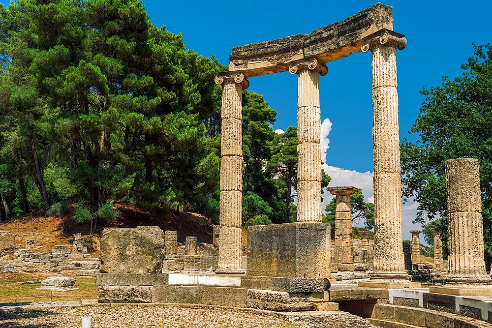 Ancient Olympia, archaeological site with Philippeion circular memorial columns, UNESCO World Heritage Site, Olympia, Greece, Europe