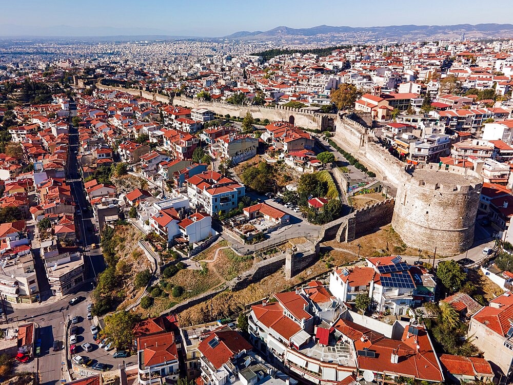 Drone view of Trigonion Chain defensive Tower and fortifications at upper town of Ano Poli in Thessaloniki, Greece, Europe