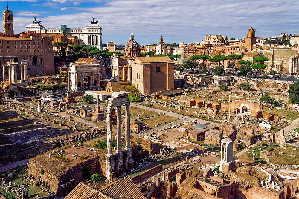 Roman Forum elevated panoramic view with ancient ruins, UNESCO World Heritage Site, Rome, Lazio, Italy, Europe