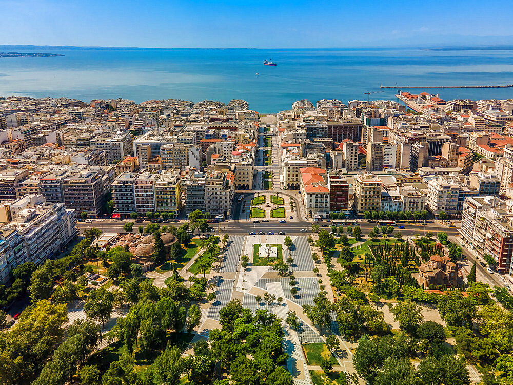 Drone aerial view with Northern part of Aristotelous main square at the city center visible, Thessaloniki, Greece, Europe