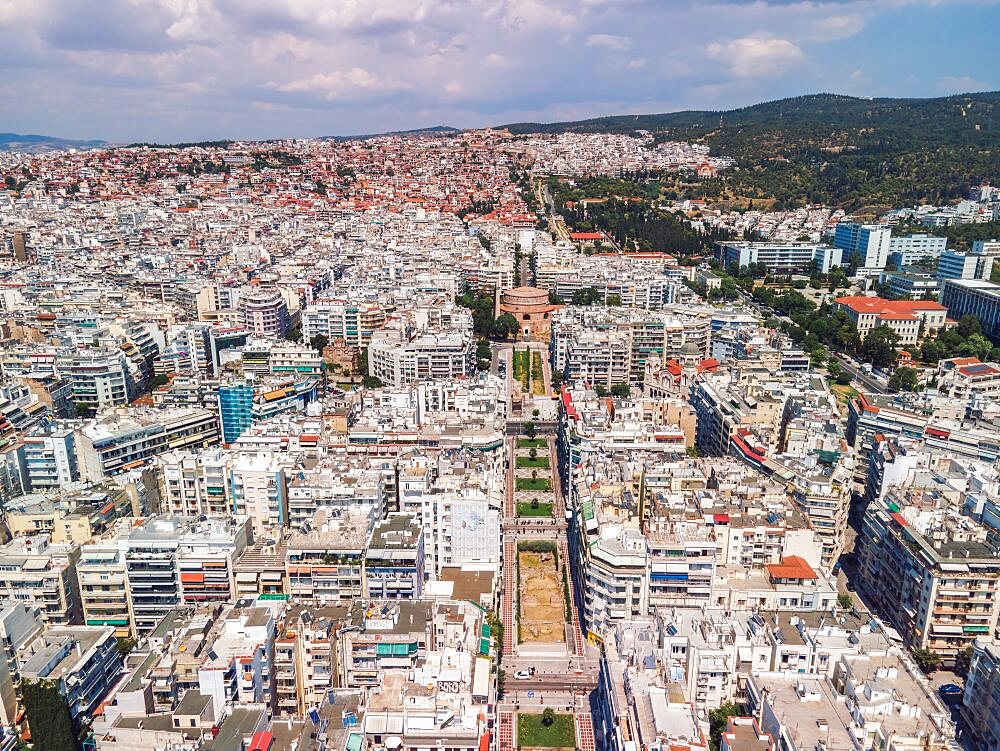 Thessaloniki, Greece day drone view of view of Rotunda Roman circular temple, part of UNESCO World Heritage Sights.