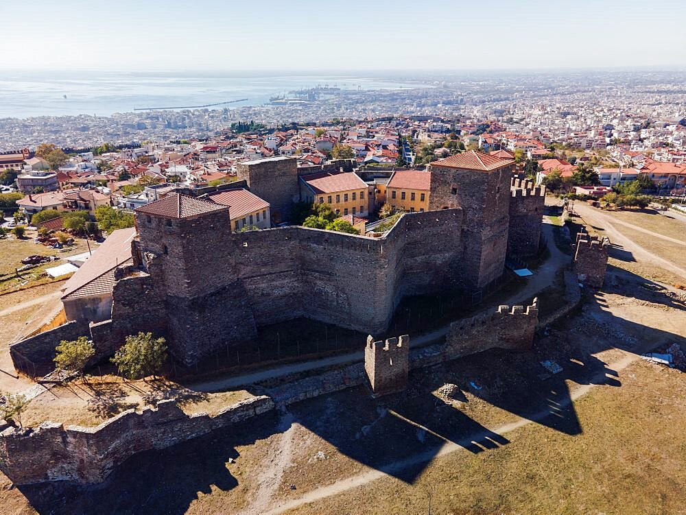 Thessaloniki, Greece drone view of Heptapyrgion Byzantine fortress with towers and bastions.