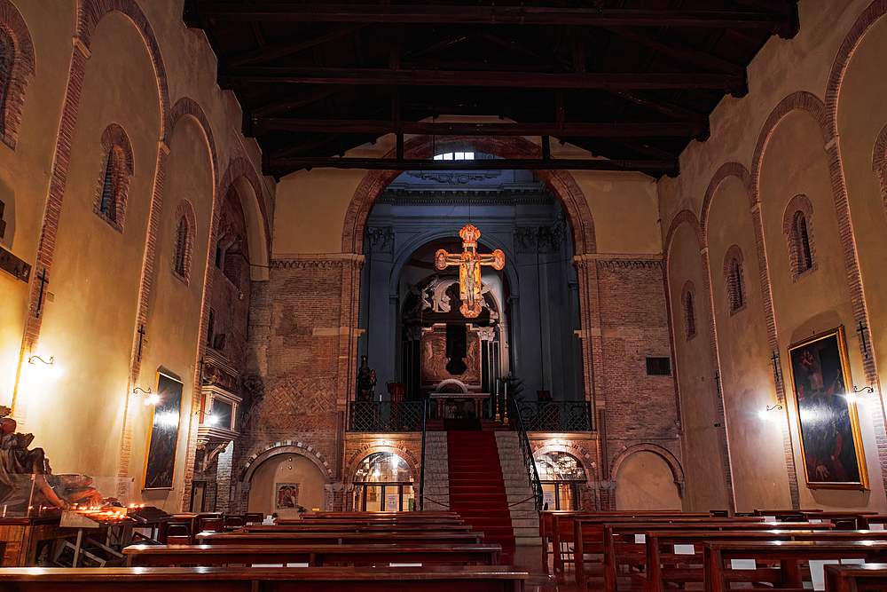 Cross-shaped icon of Jesus hanging inside Santo Stefano religious complex, part of Sette Chiese (The Seven Churches), Bologna, Emilia Romagna, Italy, Europe