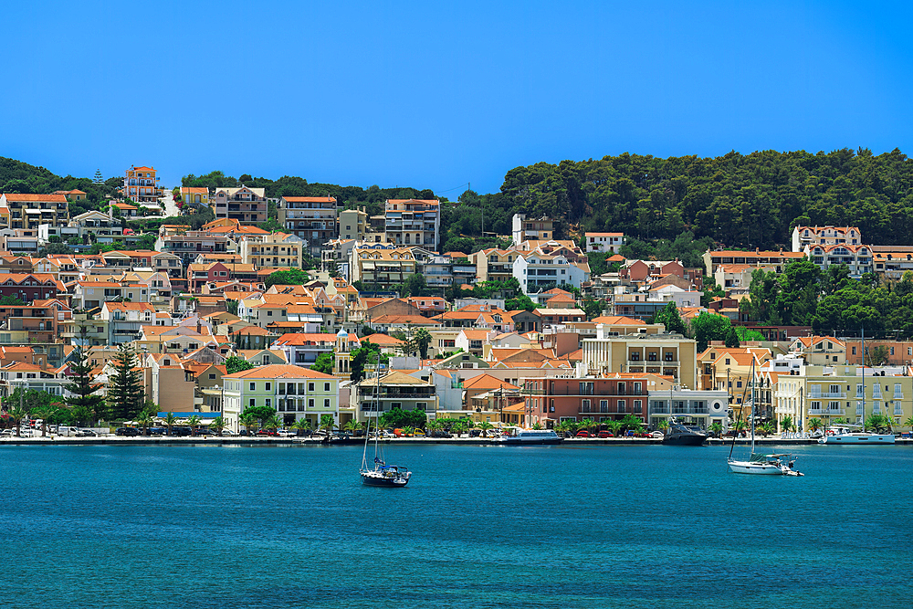 Town seafront panorama with low-rise buildings, Argostoli, Cephalonia Ionia Islands, Greek Islands, Greece, Europe