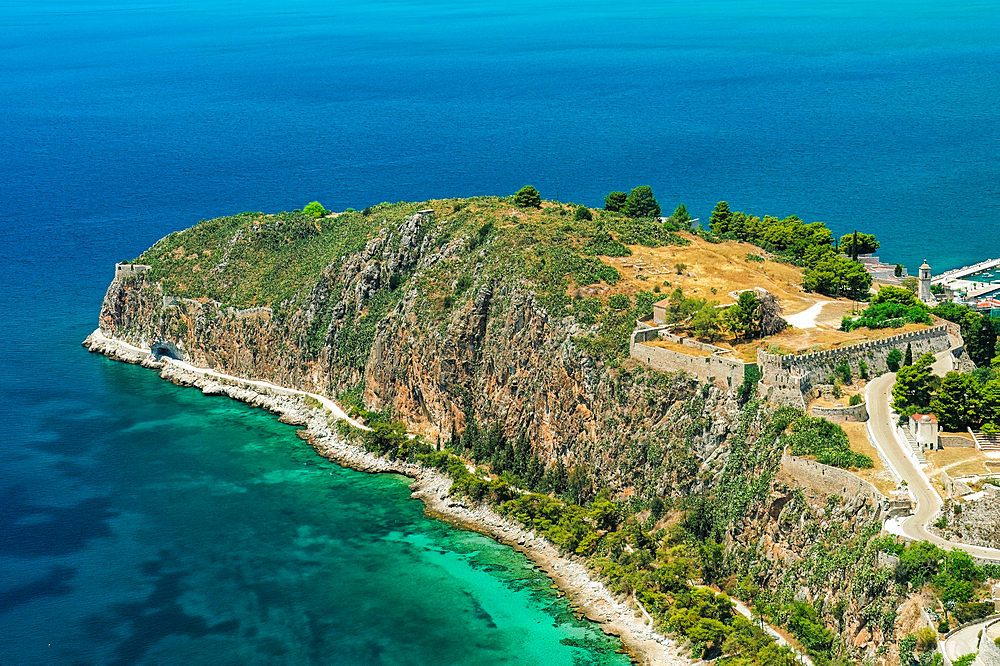 Akronafplia old castle with fortification above sea, panoramic view from Palamidi, Nafplion, Peloponnese, Greece, Europe