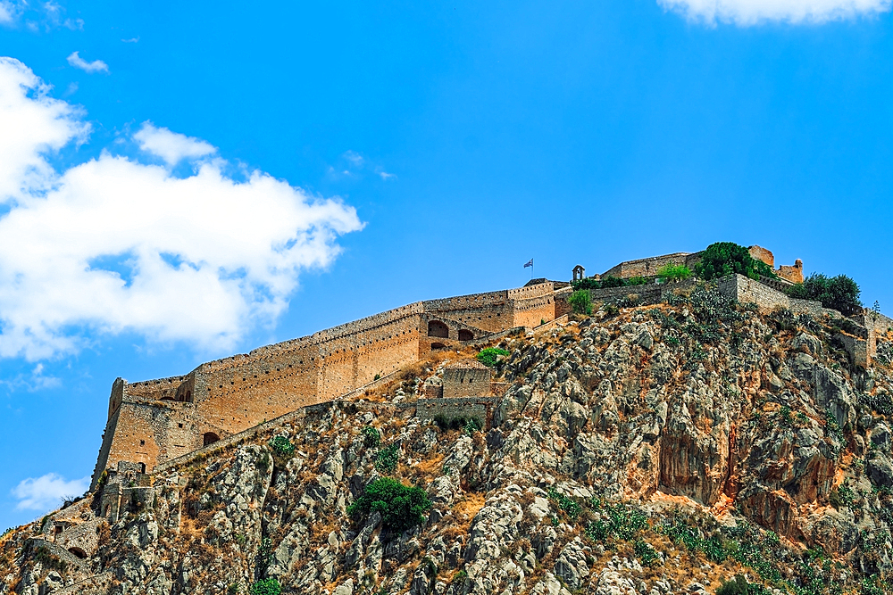 The 18th century Palamidi Fortress citadel with a bastion on the hill, Nafplion, Peloponnese, Greece, Europe