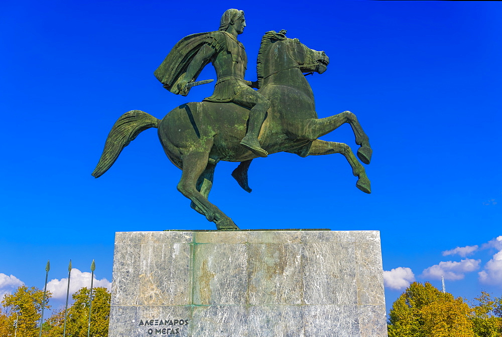 Statue of Alexander The Great on Bucephalus horse at the city waterfront, Thessaloniki, Greece, Europe