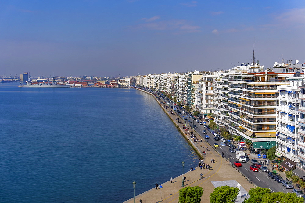 Panoramic view from the city's landmark The White Tower, of historic waterfront up to the port area, Thessaloniki, Greece, Europe