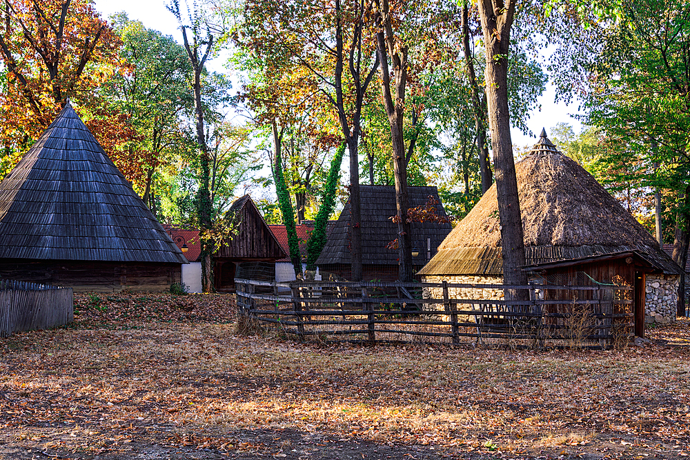 Authentic peasant settlements exhibiting traditional Romanian village life inside Dimitrie Gusti National Village Museum, Bucharest, Romania, Europe