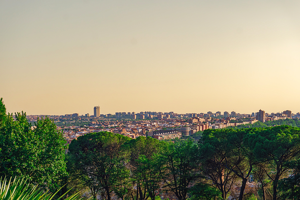 City skyline panoramic view with warm hues of the evening sky casting a golden glow on buildings, Madrid, Spain, Europe