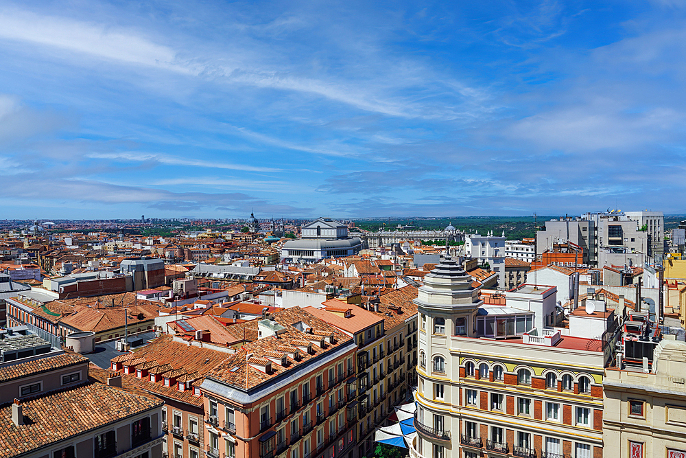 Madrid center skyline panoramic view with iconic buildings visible under a blue sky with clouds, Madrid, Spain, Europe