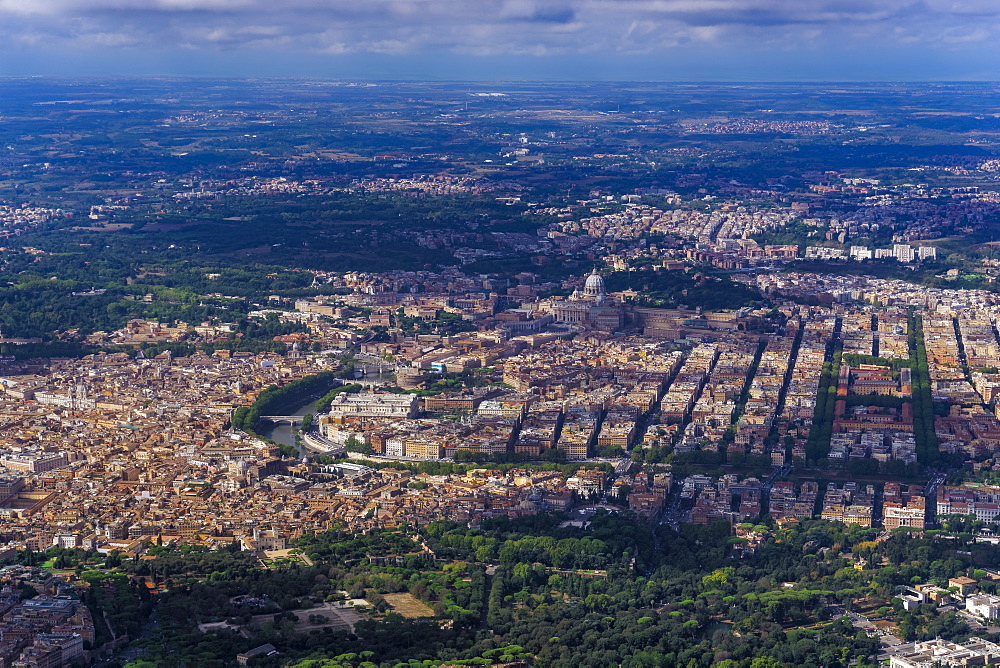 Aerial day view of city center around Tiber River and The Vatican with St. Peter's Basilica, Rome, Lazio, Italy, Europe