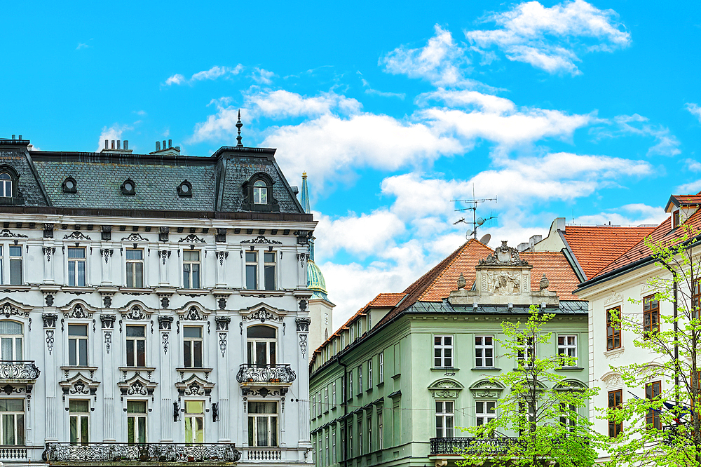 Historic low rise buildings with traditional architecture around the main city square in the Old Town of Bratislava, Slovakia, Europe