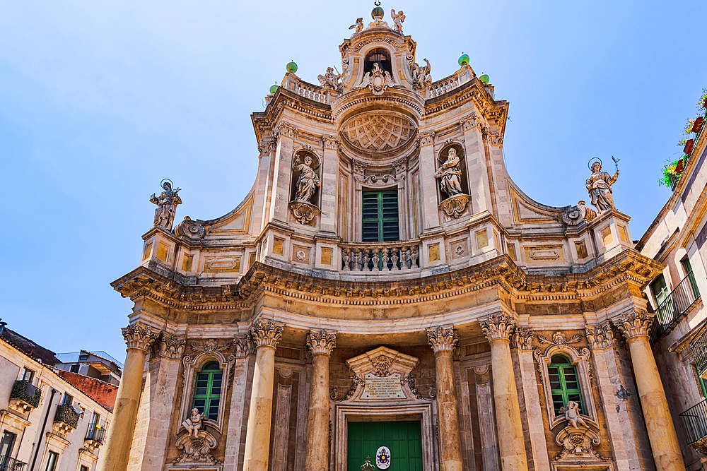 The Ancient Royal and Eminent Basilica Collegiate of Our Lady of the Alms facade in Catania, Sicily, Italy, Mediterranean, Europe