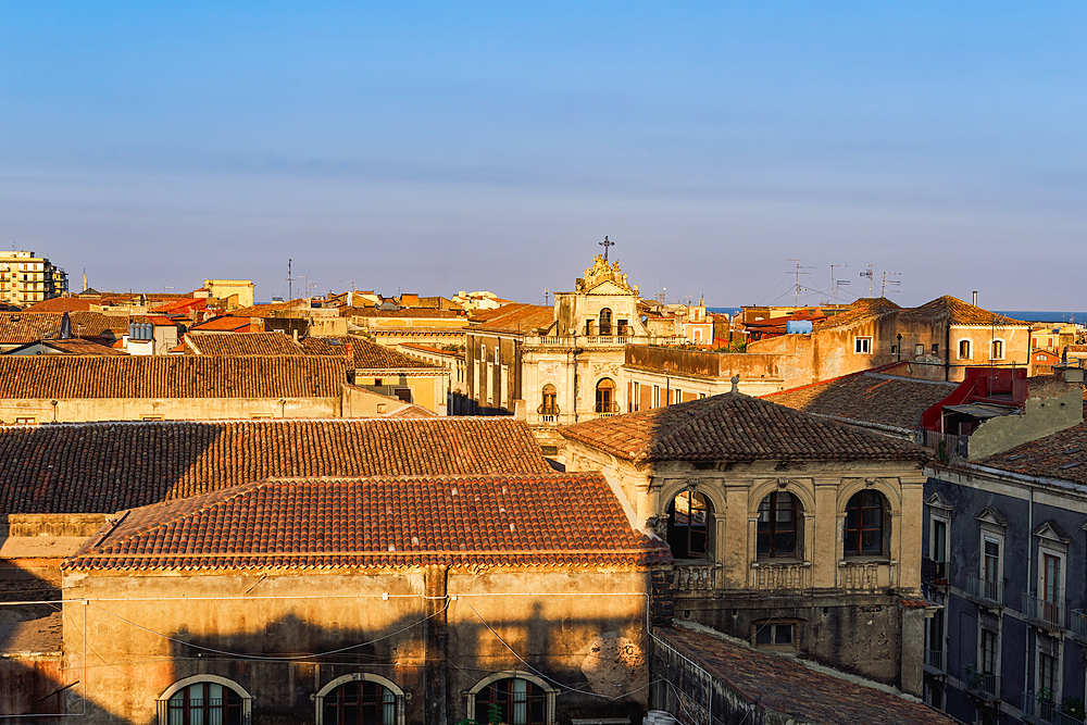 Catania panoramic view with traditional buildings, San Placido Roman Catholic Church, and former Benedictine Monastery, Catania, Sicily, Italy, Mediterranean, Europe