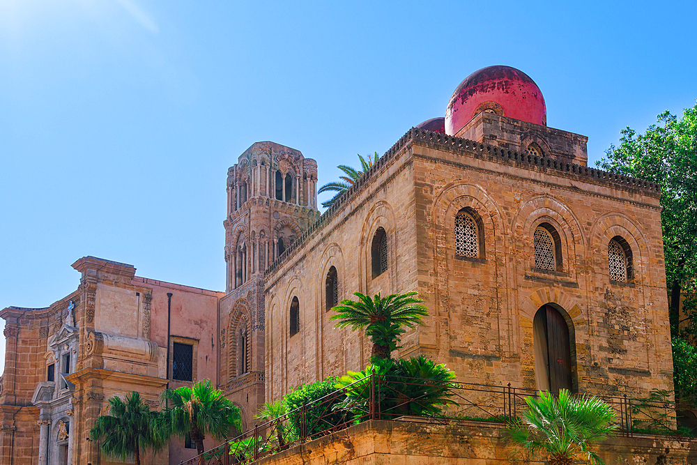 Catholic church of San Cataldo facade with red dome and Arab-Norman architecture, Palermo, Sicily, Italy, Mediterranean, Europe